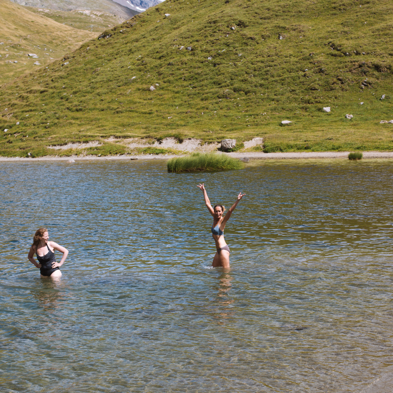 wild swimming in glacial lake hiking yoga holiday french alps