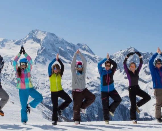 tree pose on mountain skiing yoga holiday french alps