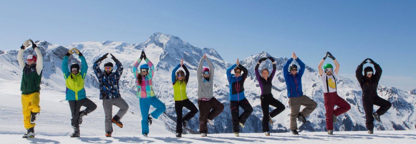 tree pose on mountain skiing yoga holiday french alps