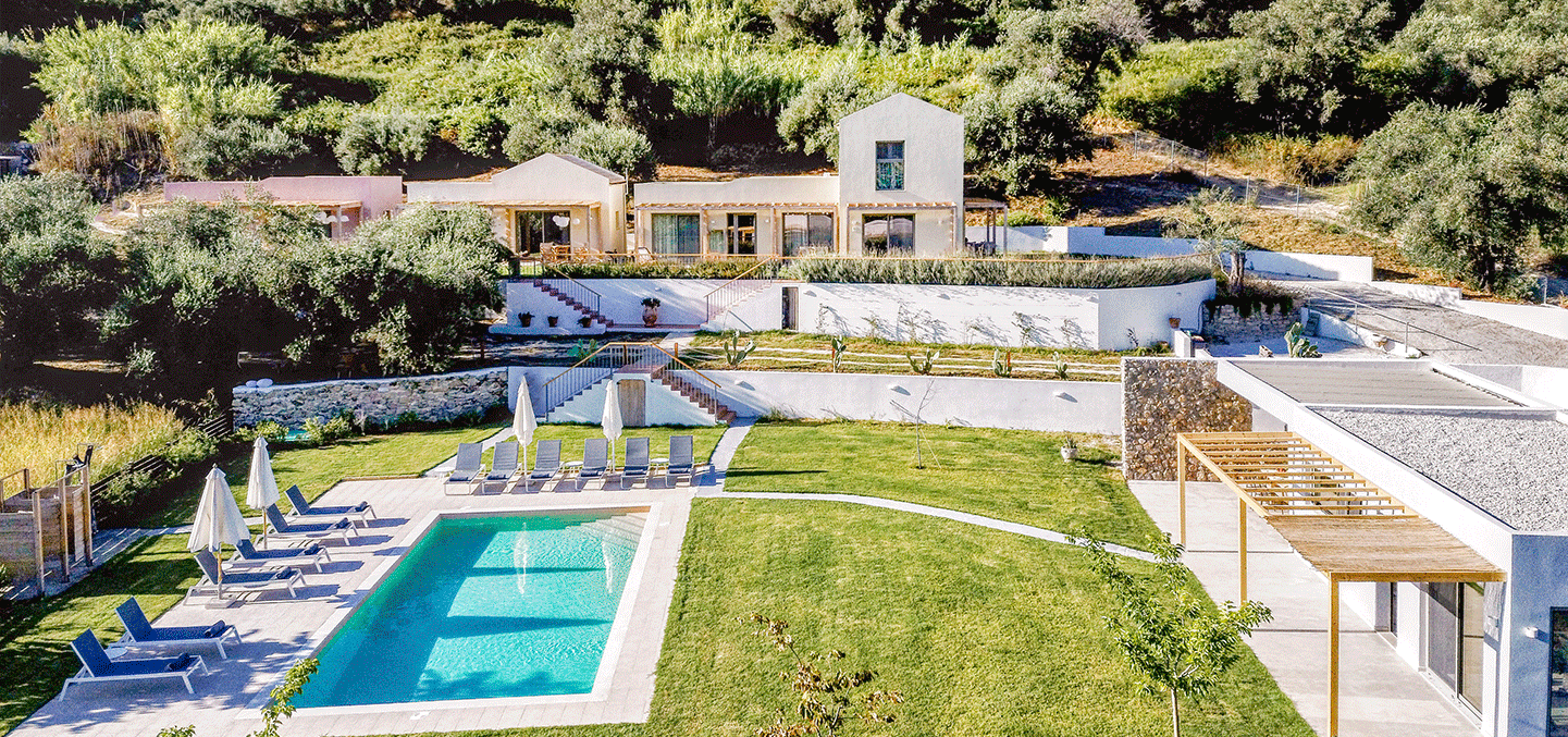drone view corfu yoga holiday accommodation and pool