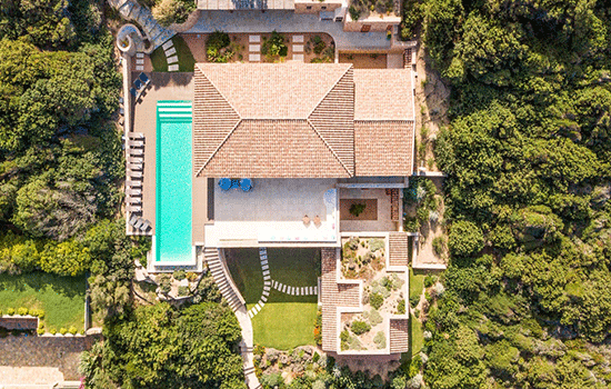 arial view villa and pool