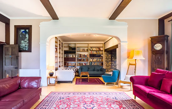 rug, sofas bookshelves