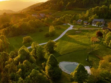 aerial view of a yoga venue in the slovenia countryside