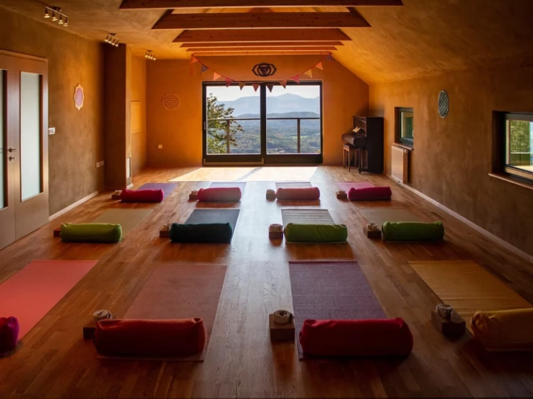 yoga studio with views of mountains