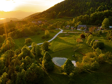 aerial view of sunset on mountains in slovenia countryside